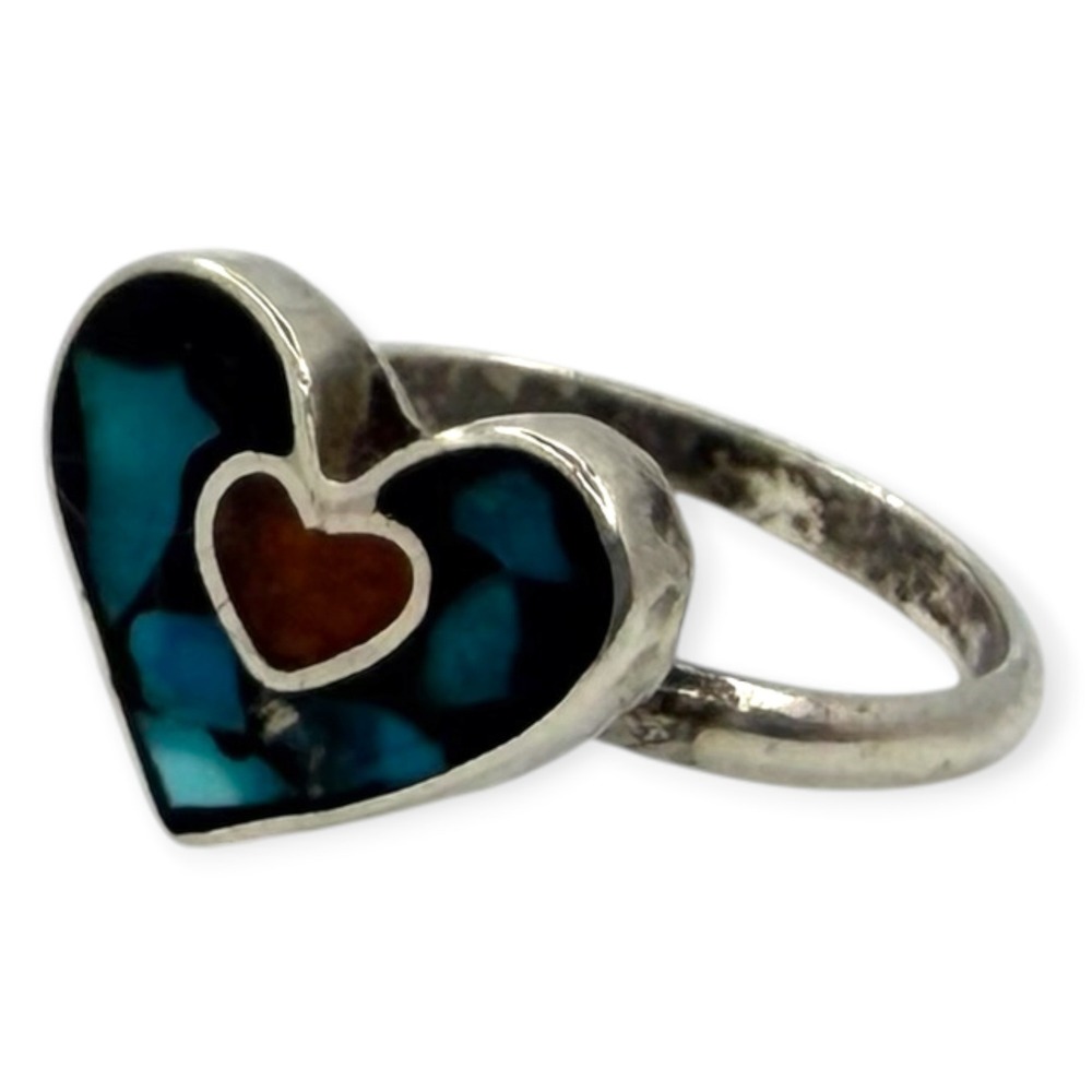 Vintage Heart Ring Sterling Silver 925 Size 3 Turquoise Coral Inlay Pinky Ring